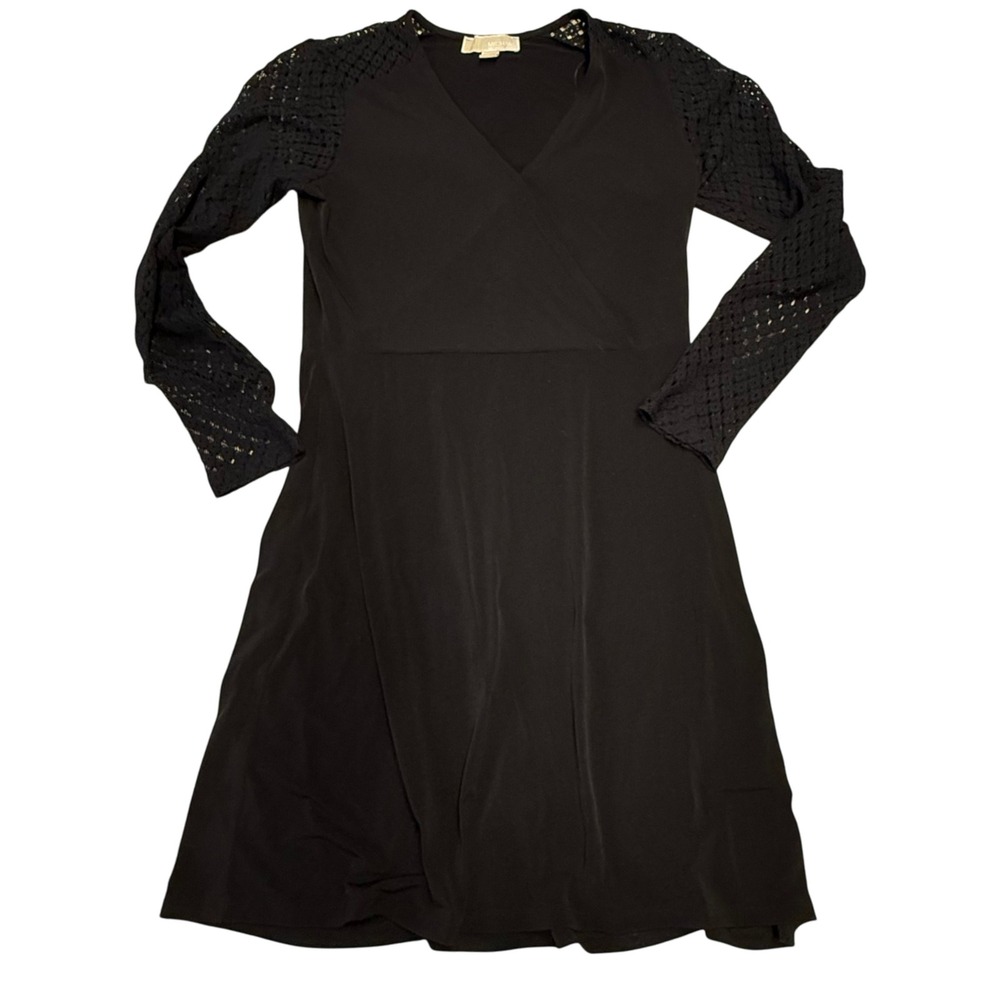 Michael Kors Black Dress Lace Sleeve V-Neck Fit‎ Flare Career Small